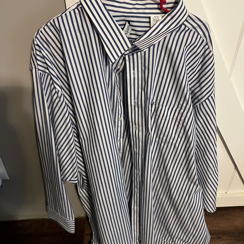 Navy and White Striped Men's Dress Shirt